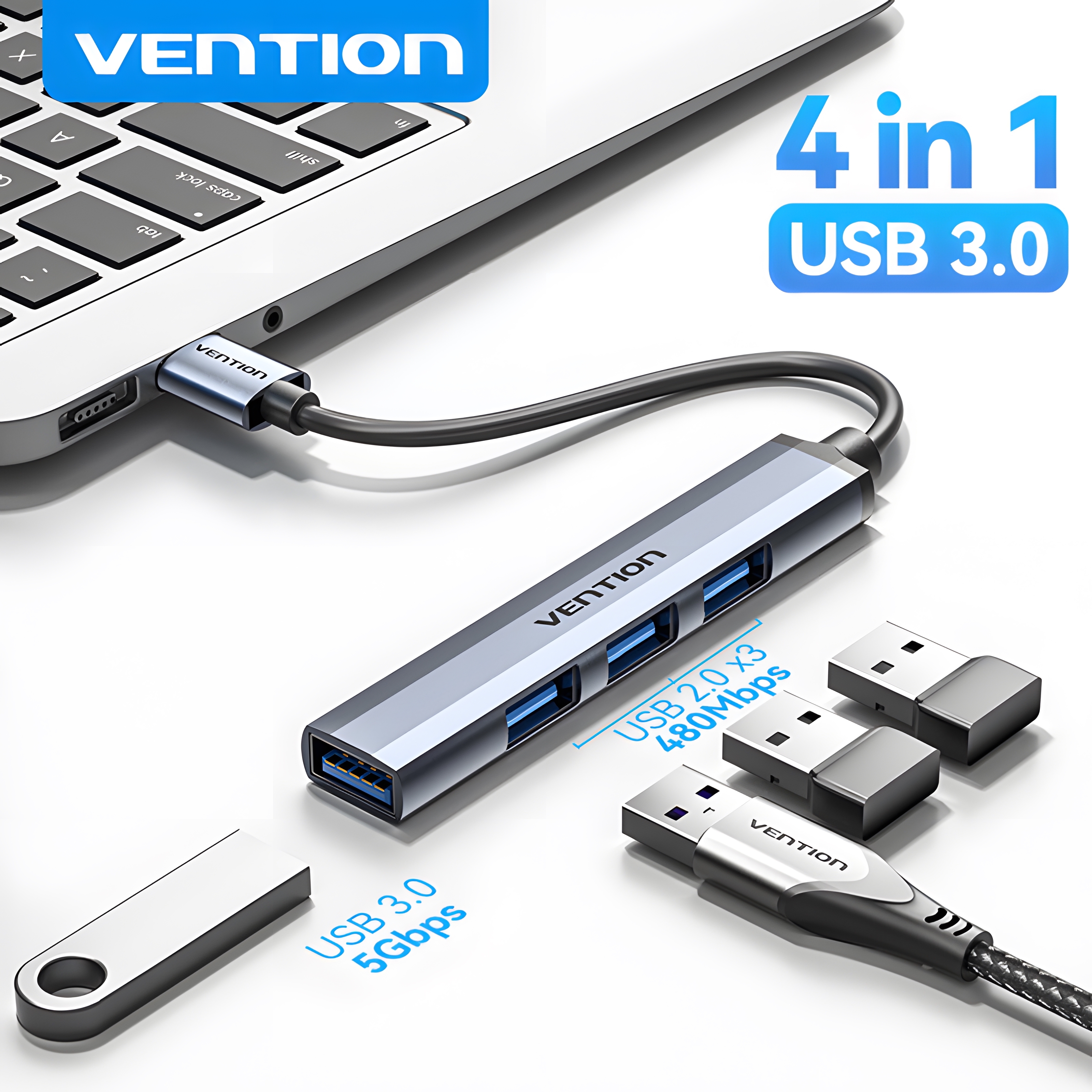 موزع منافذ USB 3.0 متعدد الوظائف من Vention، 4 في 1،