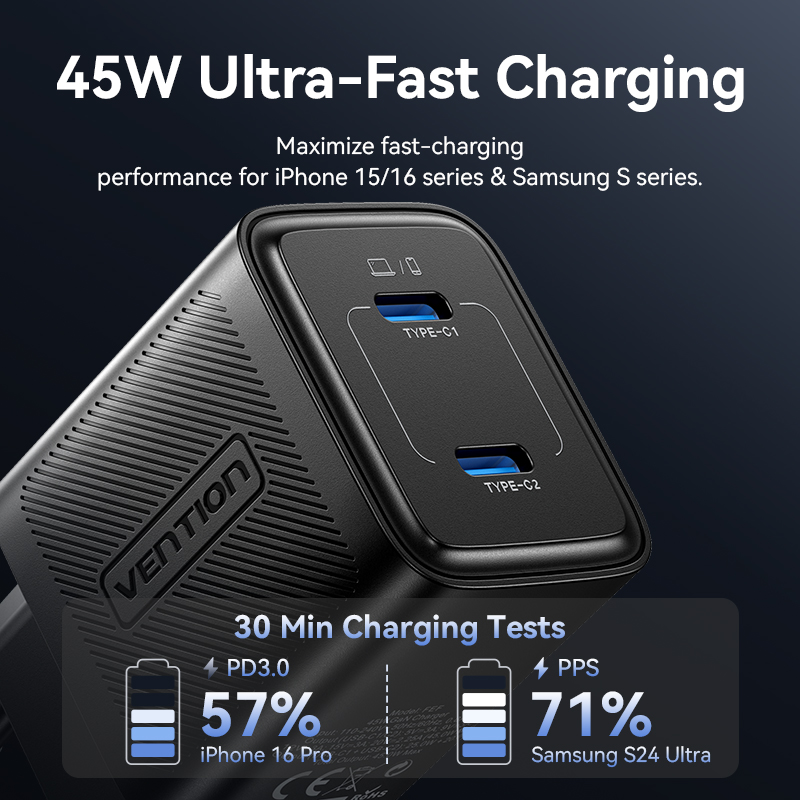 Vention 45W GaN töltő PD3.0 PPS QC3.0 gyorstöltő
