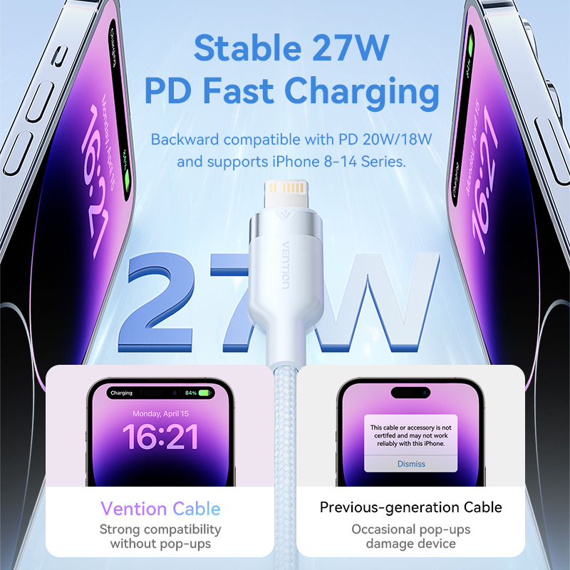 Vention USB C Cable 27W 3A USB C to Lightning Cable PD