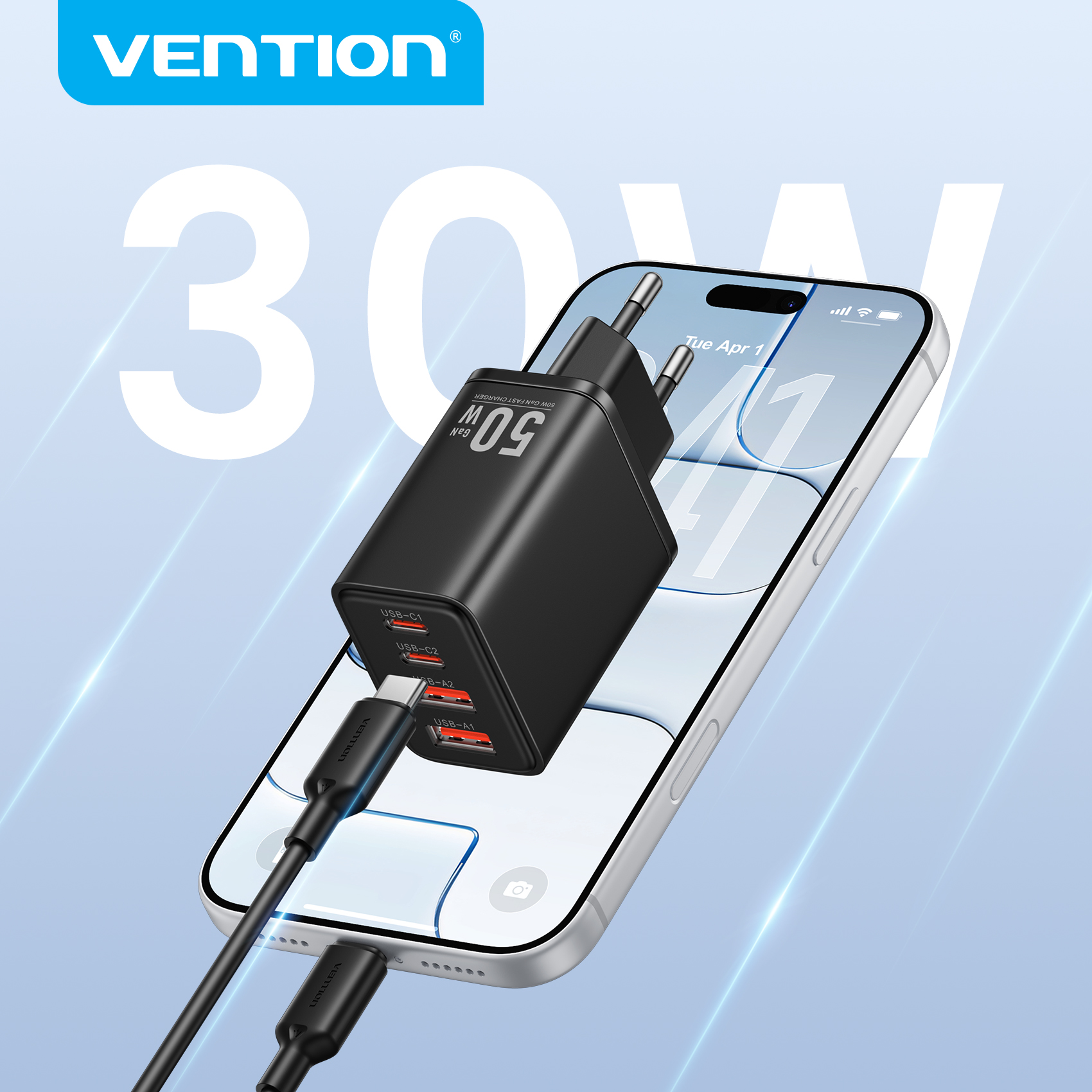 Nabíjačka Vention 30W GaN PD3.0 QC4+ USB C