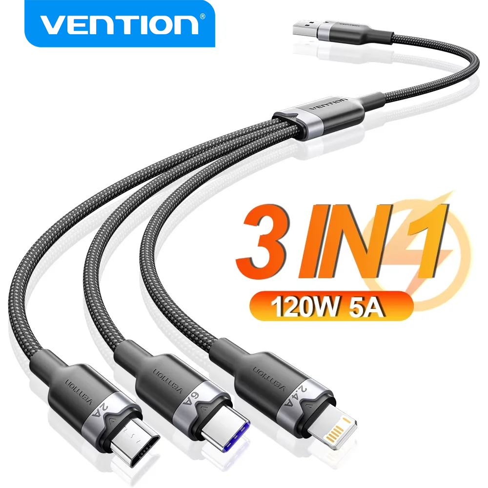 Vention 120W Charge Cable 6A USB Type C 3 In 1 Fast