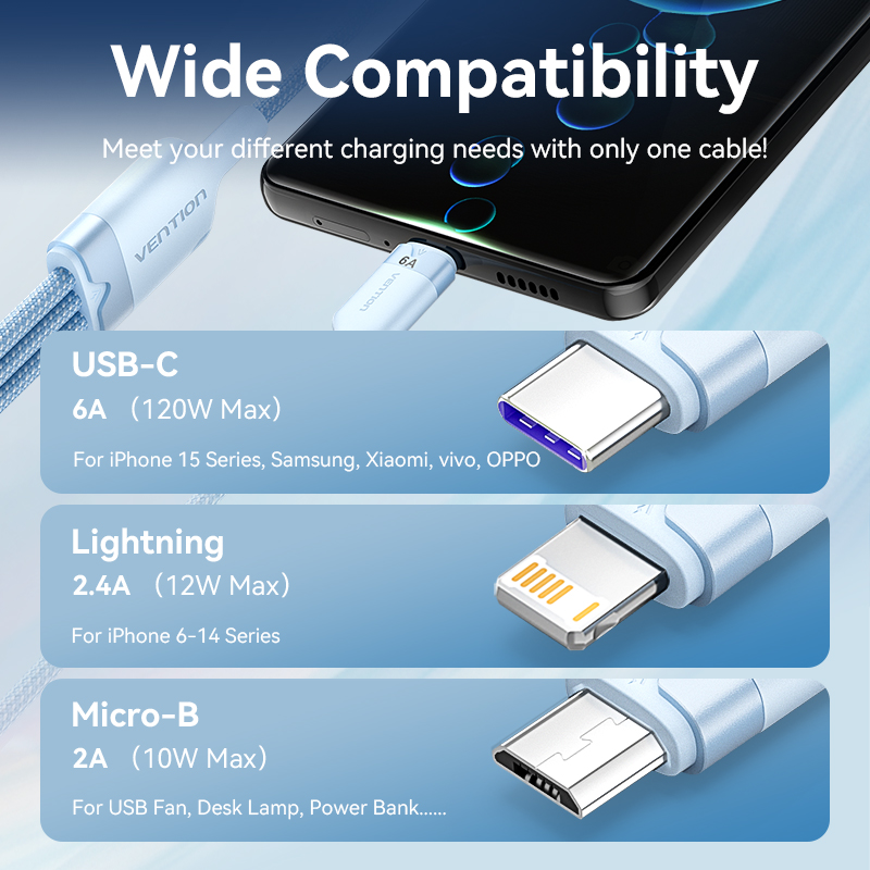 Vention 120W Charge Cable 6A USB Type C 3 In 1 Fast