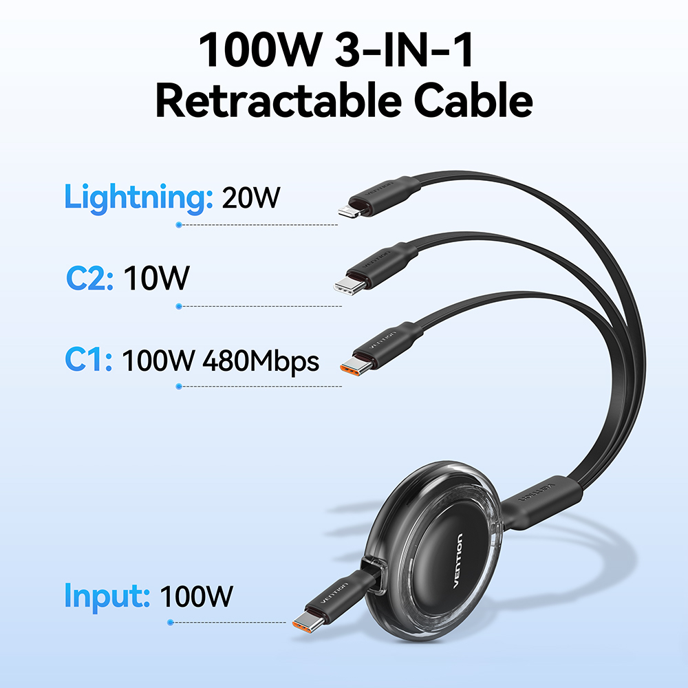 Vention 100W USB C Type C Cable 3 in 1 Retractable