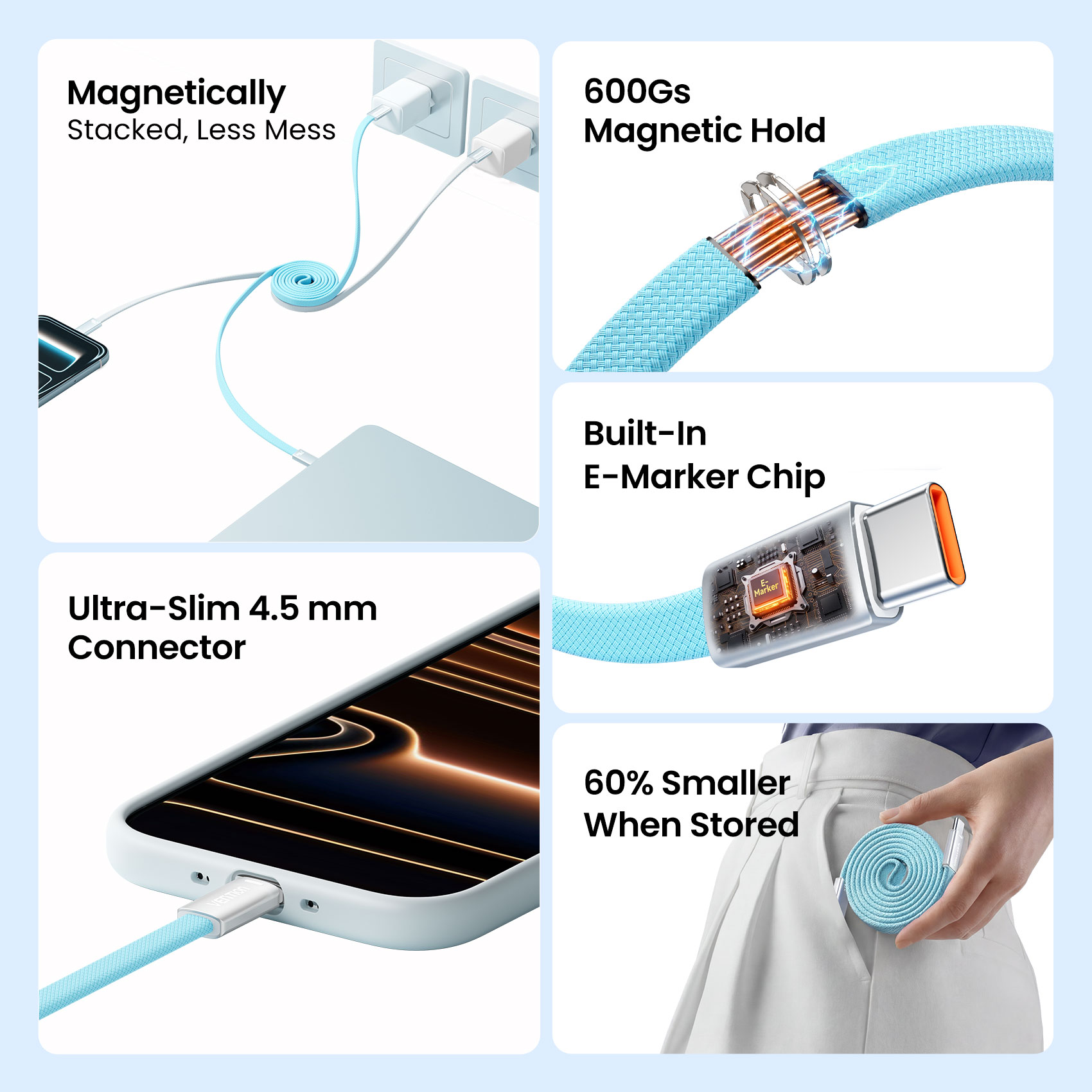 Vention 240W-os mágneses USB C kábel C típusú - C