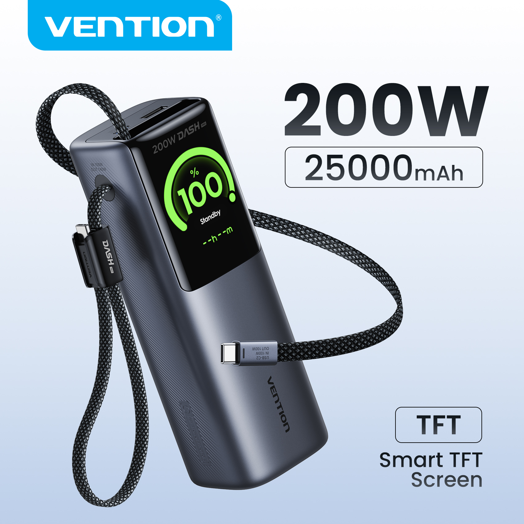Vention 200W 25000mAh Power Bank Retractable Cables