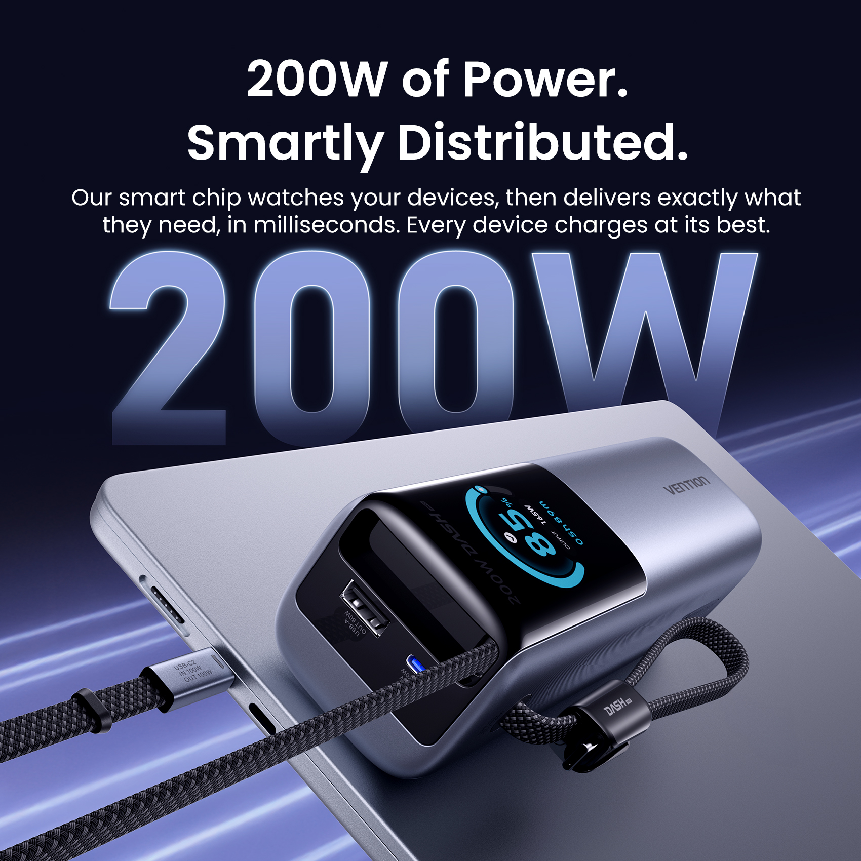 Vention 200W 25000mAh Power Bank Retractable Cables