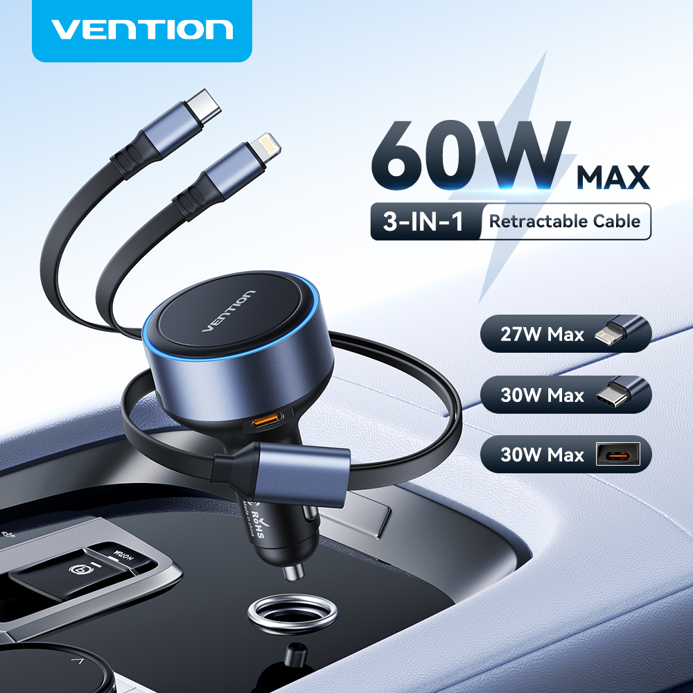 Vention 60W Retractable Car Charger 3 in 1 PD 30W QC