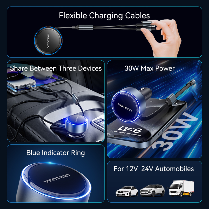 Vention 60W Retractable Car Charger 3 in 1 PD 30W QC