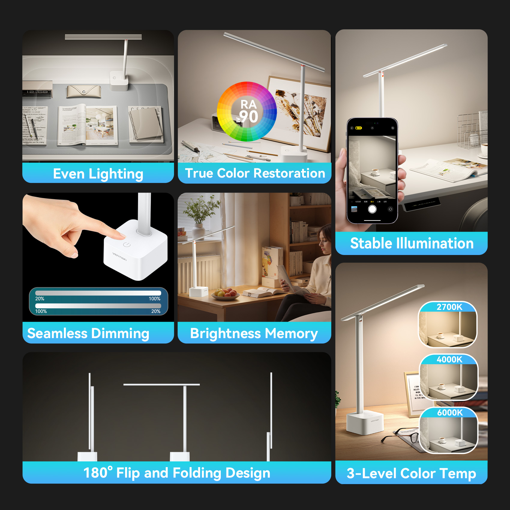 Vention LED Desk Lamp Protection Eye 180° Foldable
