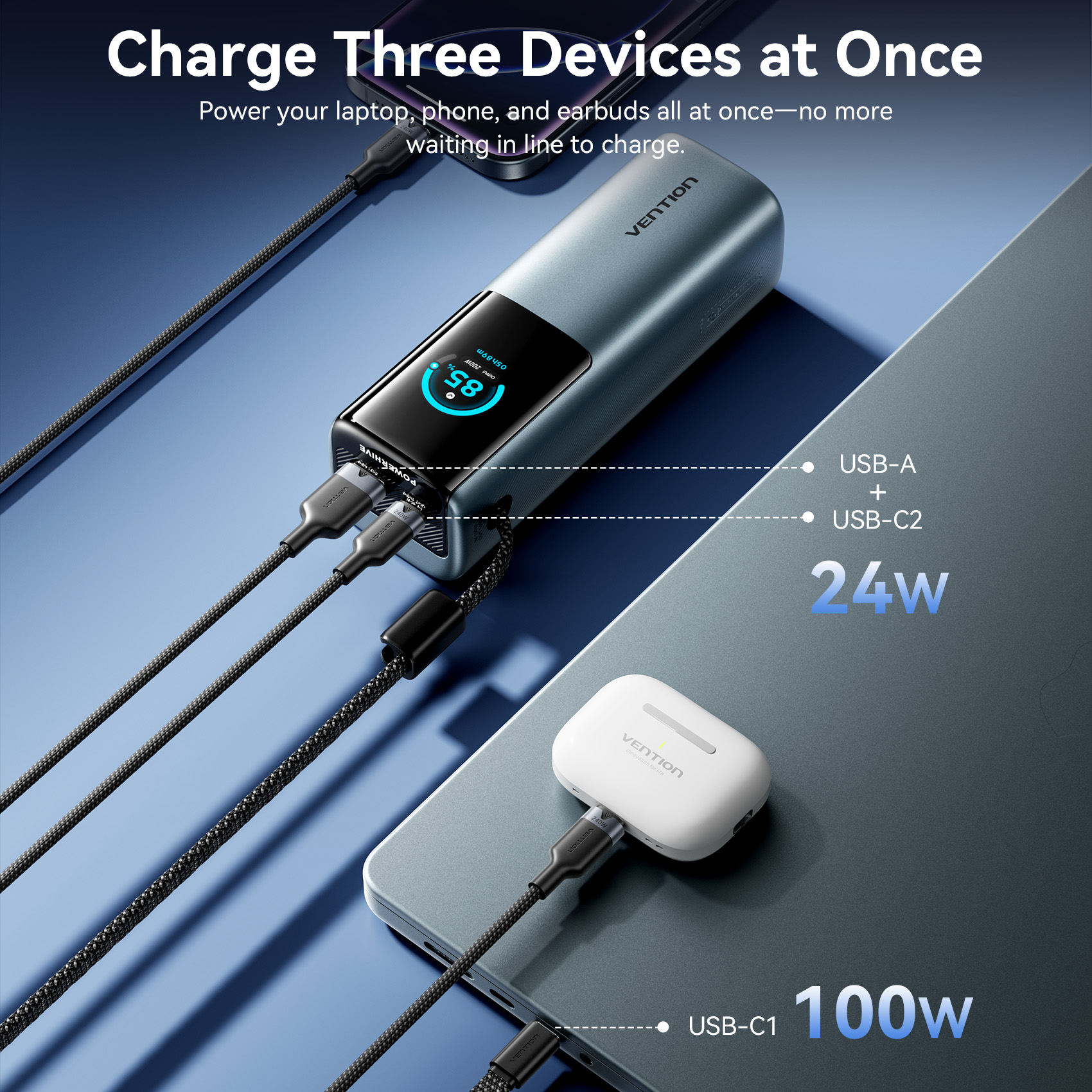 Vestavná výsuvná powerbanka Vention 200W 27000mAh