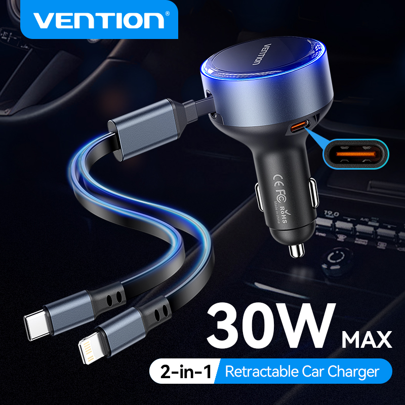 Vention 2 az 1-ben behúzható autós töltő USB töltés 60W