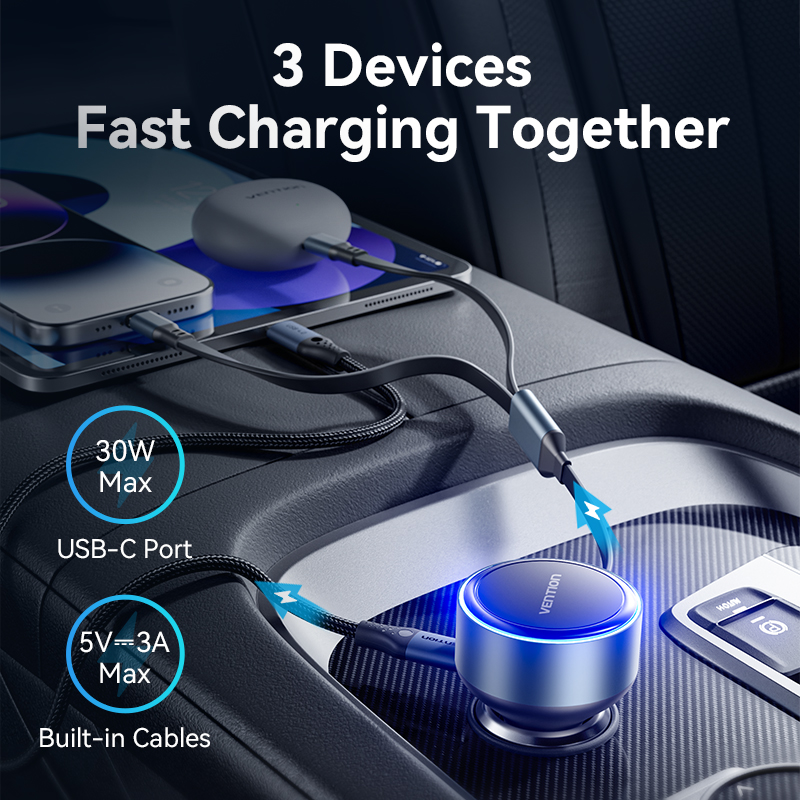 Vention 2 az 1-ben behúzható autós töltő USB töltés 60W