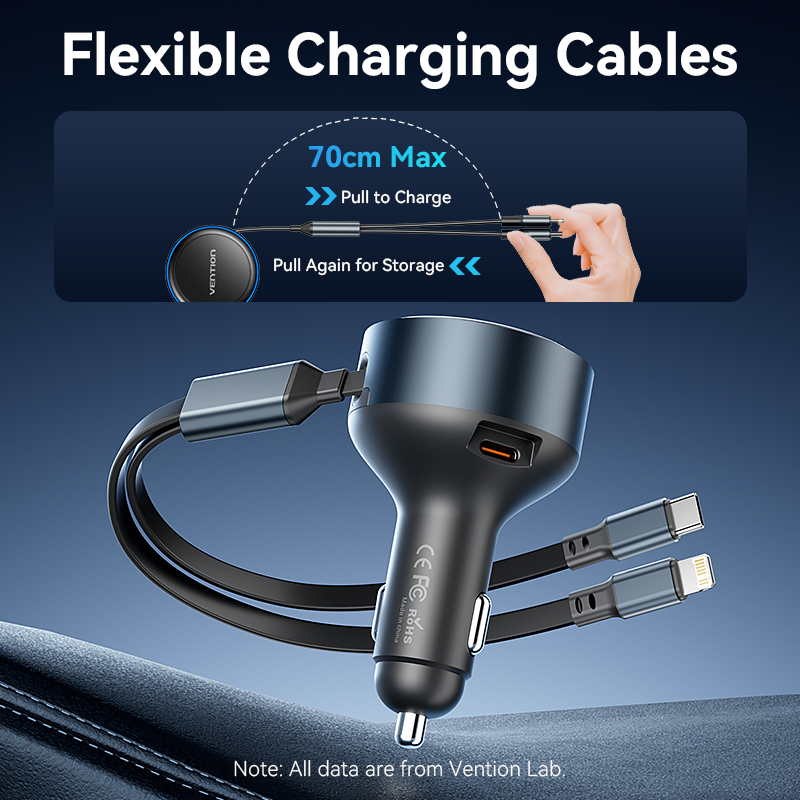 Vention 2 az 1-ben behúzható autós töltő USB töltés 60W