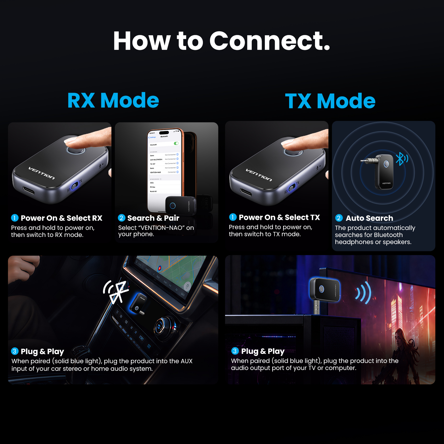 Vention Bluetooth 6.0 5.4 5.3 AUX Audio Transmitter