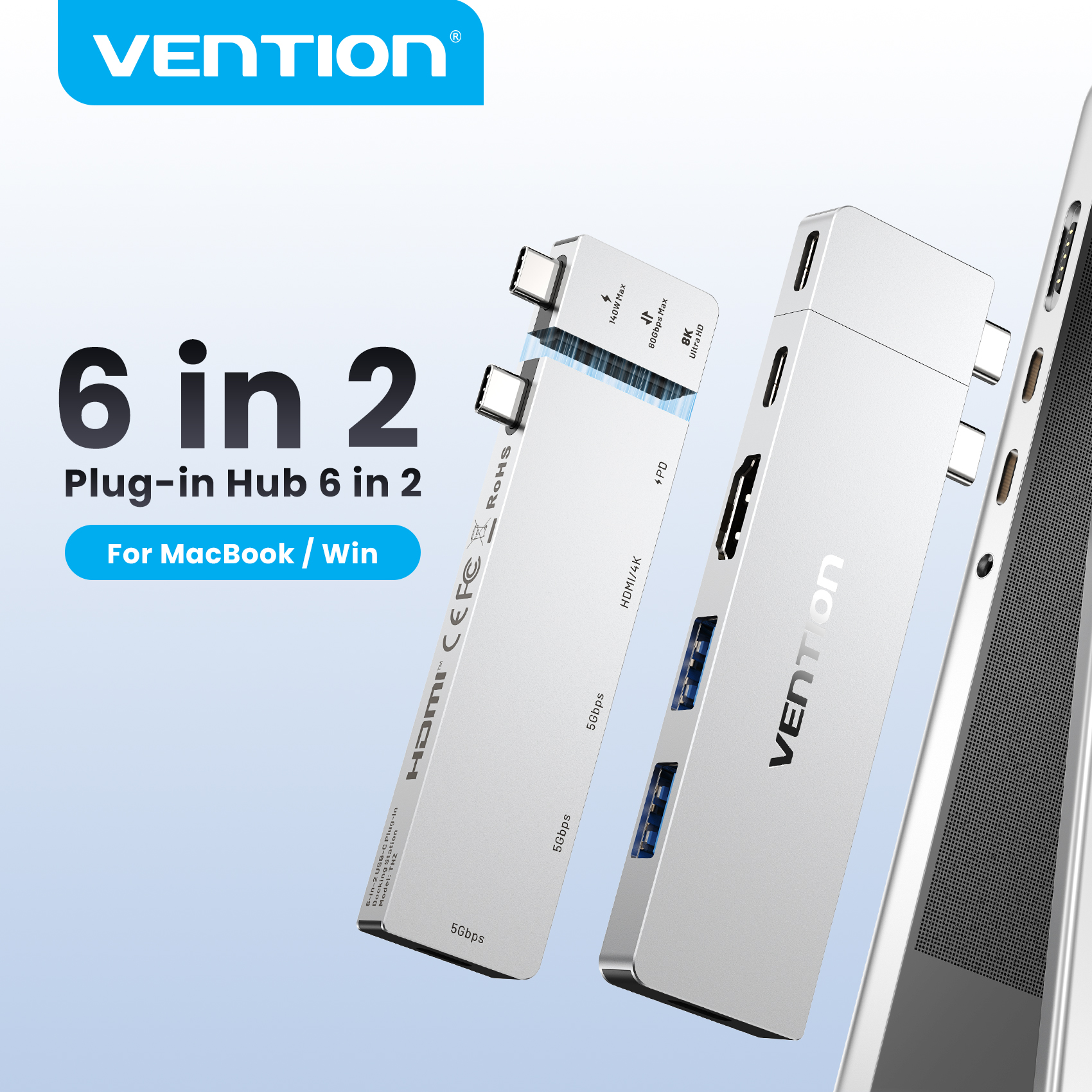 Vention USB C Plug-in Hub 6 in 2 Thunderbolt 4 80Gbps