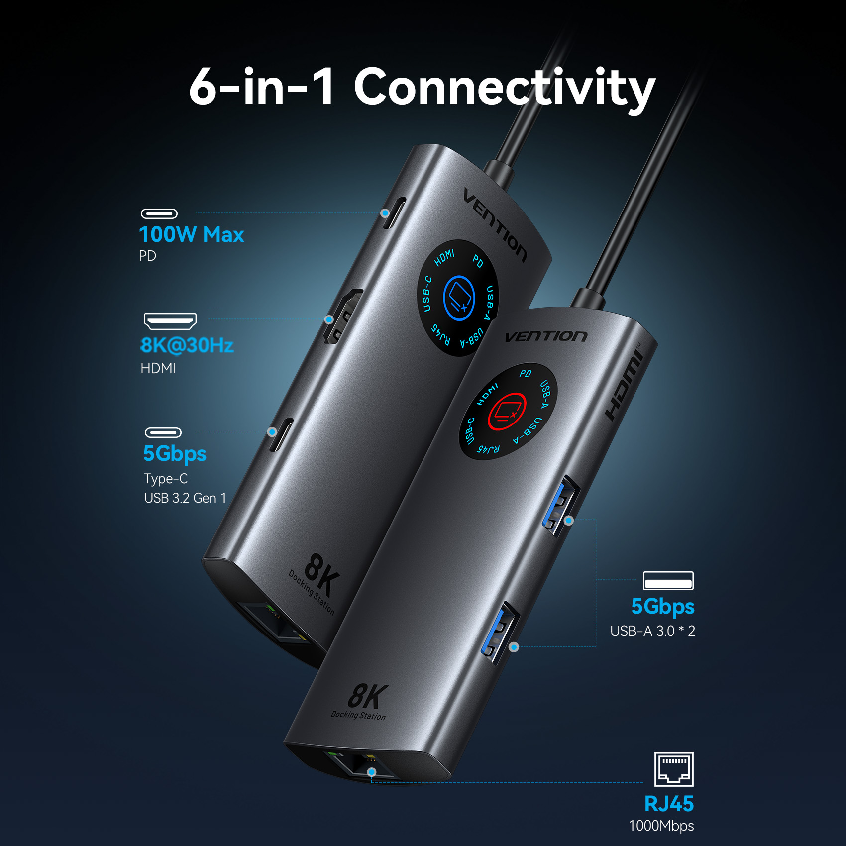Vention 6 in 1 USB C 8K@30Hz HDMI HUB Smart Led Touch