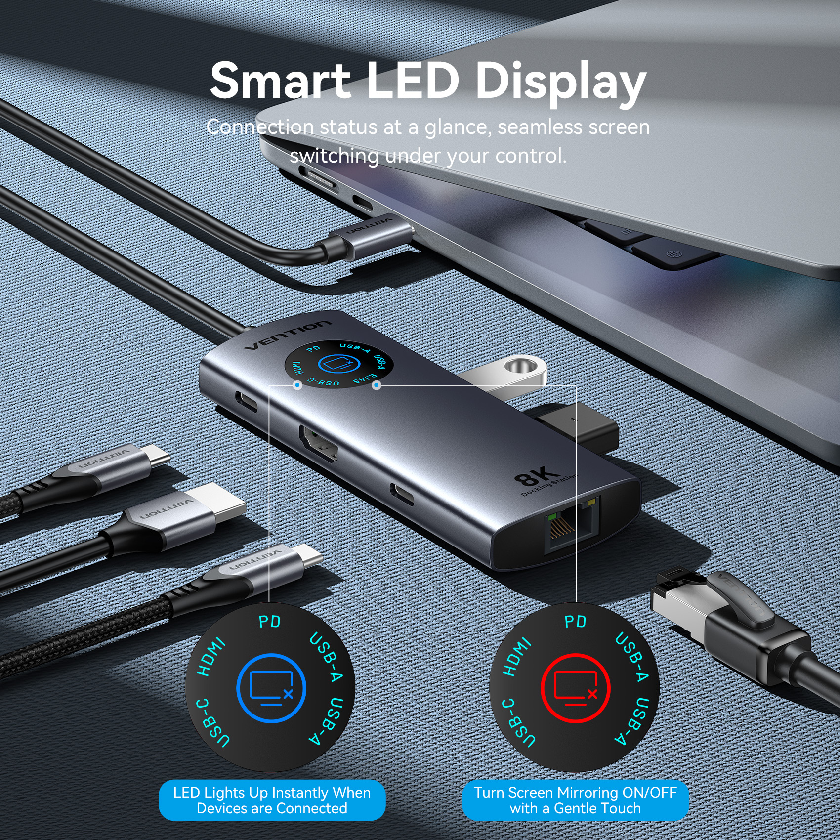 Vention 6 in 1 USB C 8K@30Hz HDMI HUB Smart Led Touch
