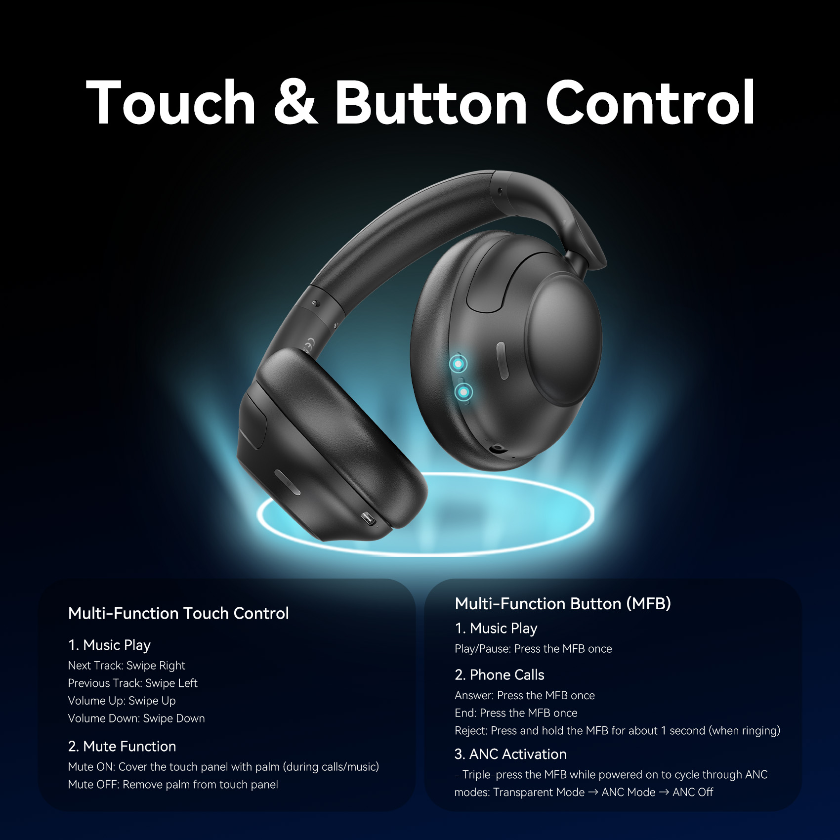 Vention ANC Over Ear Headphones -45dB Noise Cancelling