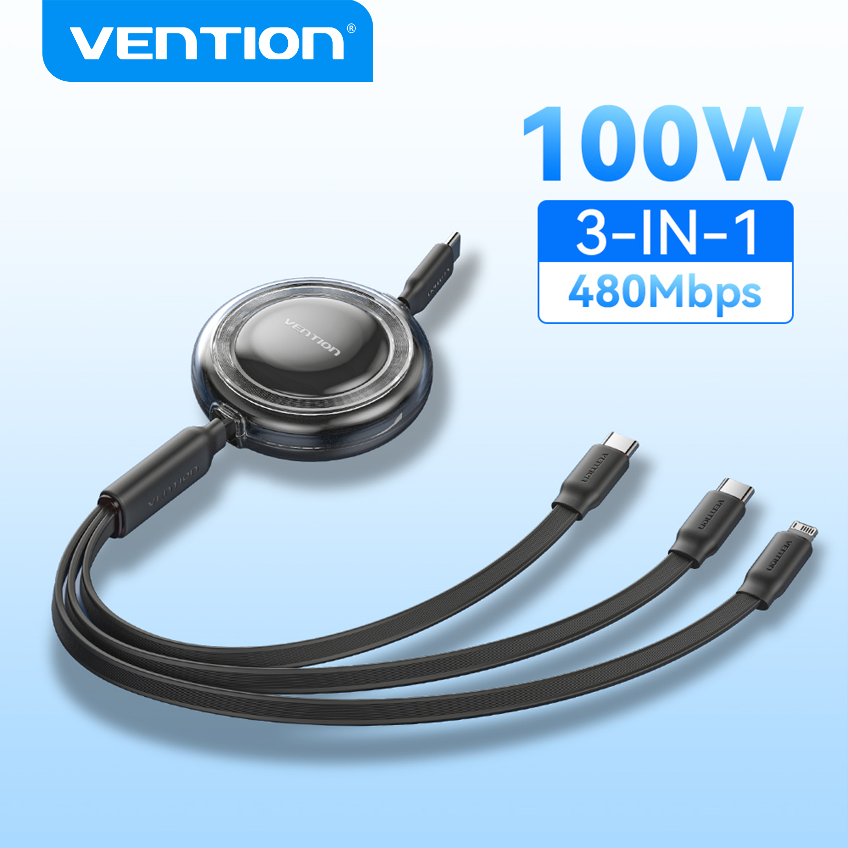 Vention Retractable 100W Cable 3 in 1 USB C Fast